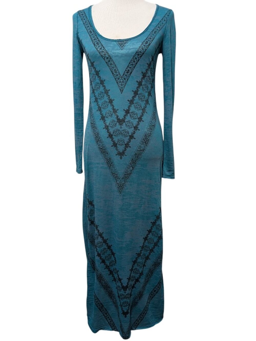 We The Free Womens Size XS Teal Geometric Aztec Burnout L/S Sheath Maxi Dress